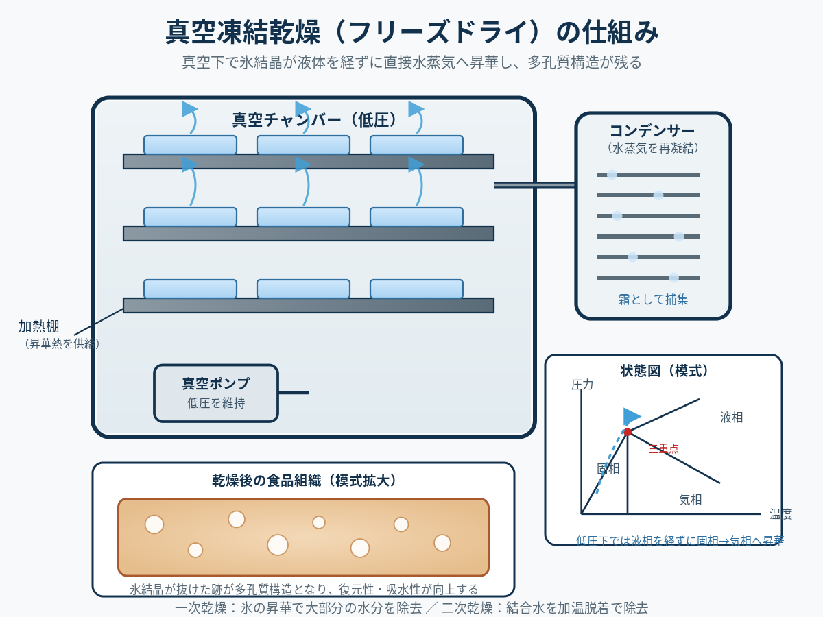真空凍結乾燥(フリーズドライ)——昇華現象で品質と保存性を両立します