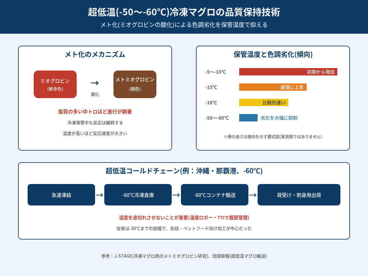 超低温(-50〜-60℃)冷凍マグロの品質保持技術「色調劣化とメト化をどう抑えるか」